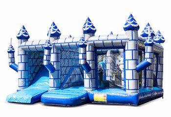 Buy large inflatable open blue white multiplay bouncy castle with slide in theme indoor castle for children. Order bouncy castles online at JB Inflatables UK
