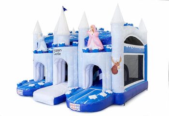Buy large inflatable covered blue and white multiplay bouncy castle with slide in theme ice ice frozen for children. Order bouncy castles online at JB Inflatables UK