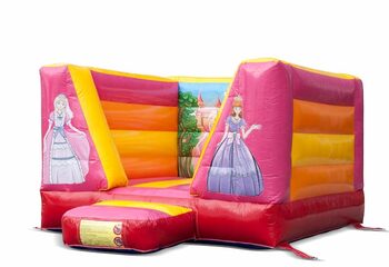Buy a small open inflatable pink yellow orange bounce house in princess theme for kids. Bounce houses are online available at JB Inflatables UK 