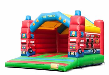 Buy a large indoor bouncy castle in a fire department theme for kids. Available at JB Inflatables UK online