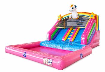 Buy inflatable splashy slide bouncy castle with double slides and water bath in theme unicorn rainbow for children at JB Inflatables UK. Order bouncy castles online at JB Inflatabales UK