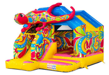 Slide Combo bouncy castle with yellow, blue, pink colors and flowers