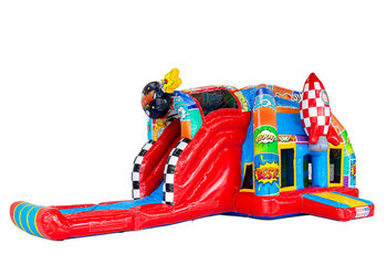 Comic strips depicted on air cushion - A-frame Super Comic bouncy castle available at JB Inflatables