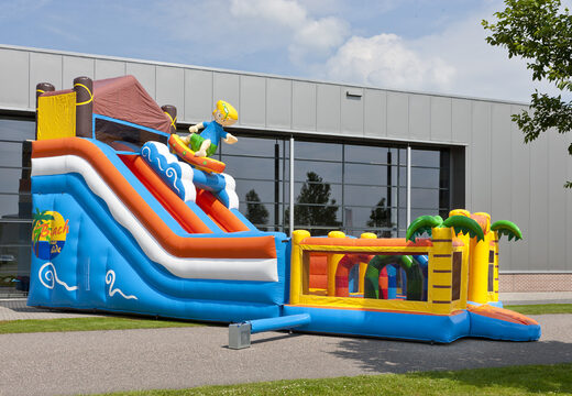 Multifunctional inflatable slide in a beach theme with a splash pool, impressive 3D object, fresh colors and the 3D obstacles for children. Buy inflatable slides now online at JB Inflatables UK