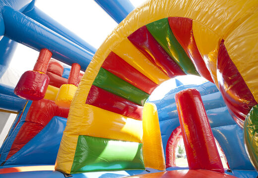 Multiplay shark bouncer with a slide, pillars on the jumping surface and striking 3D object for children. Order inflatable bouncers online at JB Inflatables UK