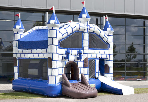 Medium inflatable multiplay bouncy castle with slide in castle theme for children. Order inflatable bouncy castles online at JB Inflatables UK
