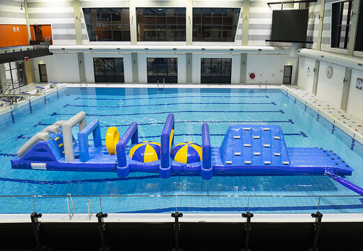 Spectacular inflatable Obstacle Run Marine XL assault course with double climbing wall and double slide for kids. Order inflatable water attractions now online at JB Inflatables UK