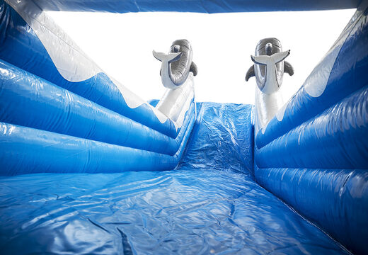 Get your inflatable dolphin slide with the cheerful colors, 3D objects and fun print on the side wall online now. Order inflatable slides at JB Inflatables UK