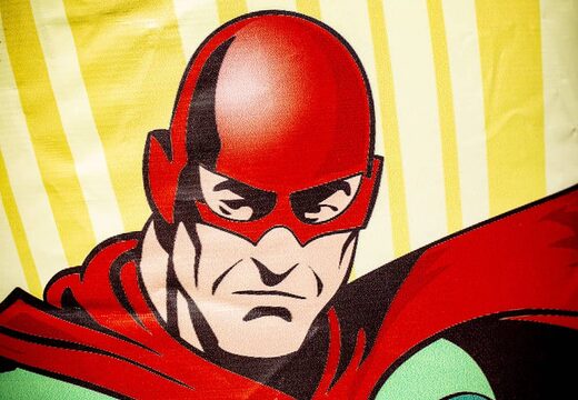 Superhero inflatable bouncer with roof for sale for commercial use. Bouncers available at JB Inflatables UK online