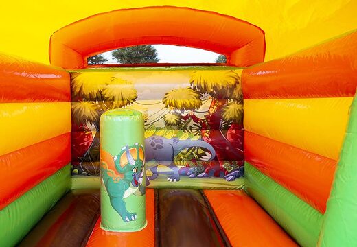 Mini roofed bouncy castle yellow and green in dinosaur theme to buy for children. Buy bouncy castles online at JB Inflatables UK 