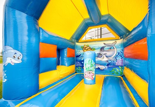 Midi seaworld theme multifun inflatable bouncy castle with a roof and in a color combination of blue yellow and orange for sale at JB Inflatables UK online