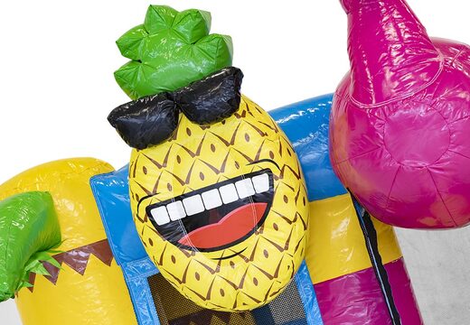 Order mini multiplay inflatable bounce house in theme flamingo with slide for children. Inflatable bounce houses with slide for sale at JB Inflatables UK