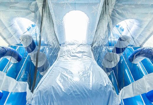 Buy Ice themed bouncer in a unique design with two entrances, a slide in the middle and 3D objects for kids. Order bouncers online at JB Inflatables UK