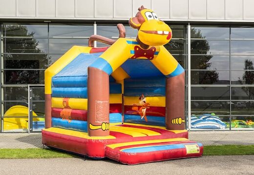 Buy a standard bouncy castle in striking colors and with a large 3D object of a monkey on top for children. Order bouncy castles online at JB Inflatables UK