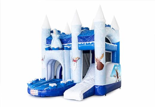 Klein overdekt opblaasbaar multiplay luchtkussen met glijbaan te koop in thema Frozen voor kinderen