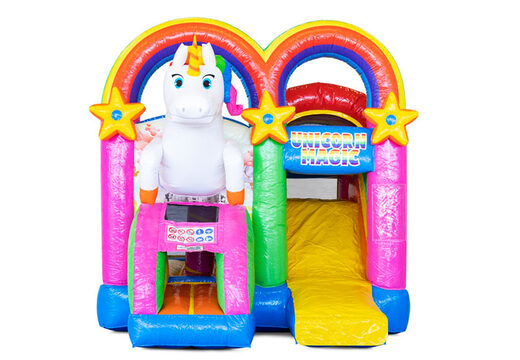 Order covered inflatable Mini Multiplay bouncy castle with slide in Unicorn theme for children. Buy inflatable bouncers now at JB Inflatables UK