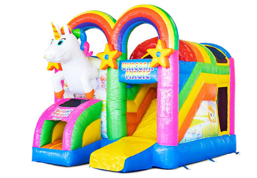 Buy covered inflatable Mini Multiplay bouncy castle with slide in Unicorn theme for children. Order now inflatable bouncy castles at JB Inflatables UK