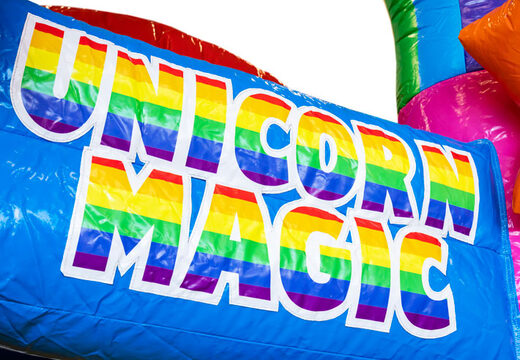 Inflatable Mini Multiplay bouncy castle in Unicorn theme for sale for children. Order now inflatable bouncy castles at JB Inflatables UK