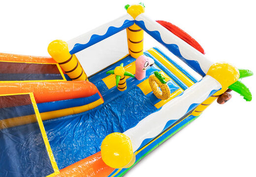 Bouncy castle Multi Slide in Caribbean theme with slide for children. Order inflatable bouncy castles online now at JB Inflatables UK