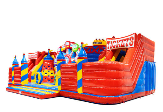 Side of Slideworld rollercoaster with Ferris wheel and tickets