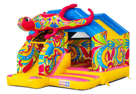 Slide Combo bouncy castle with yellow, blue, pink colors and flowers