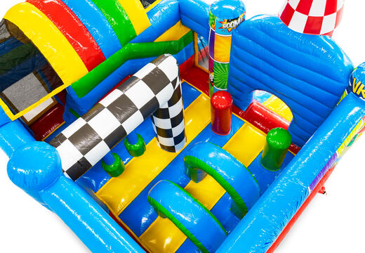 Inside of multiplay bouncy castle with comic theme featuring arches and pillars