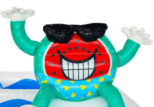 3D figure on inflatable castle Dubbelslide, laughing watermelon in swim trunks, Summer Party theme