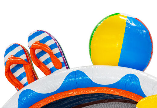 Order a beach-themed bouncy castle with 3D slippers, surfboard, and ball online.