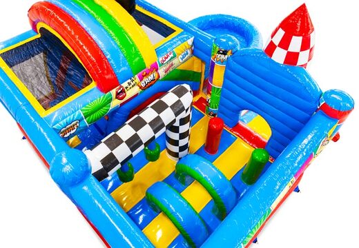 Interior of bouncy castle with arches, pillars, and airbags for sale at JB