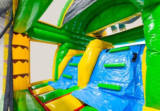 Climbing wall of Multiplay dubbelslide dinosaur theme blue yellow orange