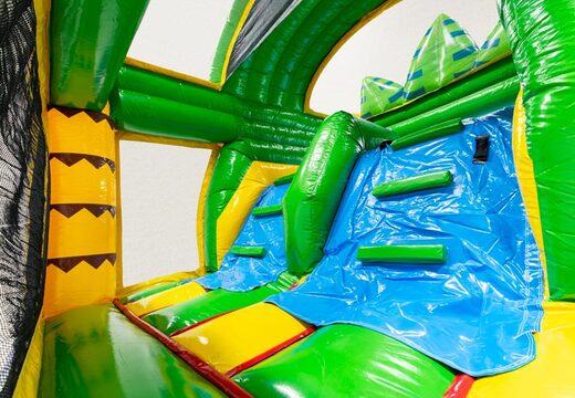 Climbing wall of Multiplay Doubleslide in crocodile theme blue yellow green