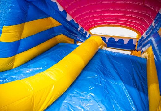 Buy blue yellow pink slide from Multiplay Doubleslide bouncy castle at JB