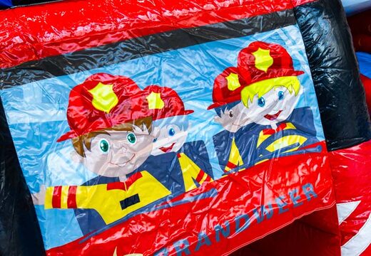 Inflatable castle fire theme with illustration of firefighters in a van, order online