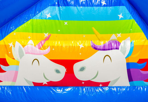 Inflatable castle with unicorn theme and illustration of unicorns and rainbow to order
