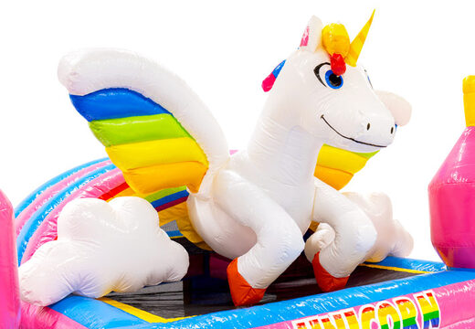 3D figure on inflatable castle Dubbelslide unicorn with rainbow wings Unicorn theme