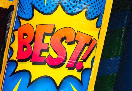 Buy the A-frame Super Comic bouncy castle with Comic strips design, perfect for rental companies