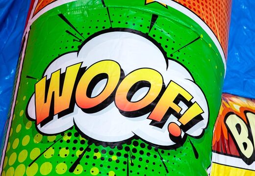 Inflatable A-frame Super Comic bouncy castle in Comic theme, ideal for events and parties